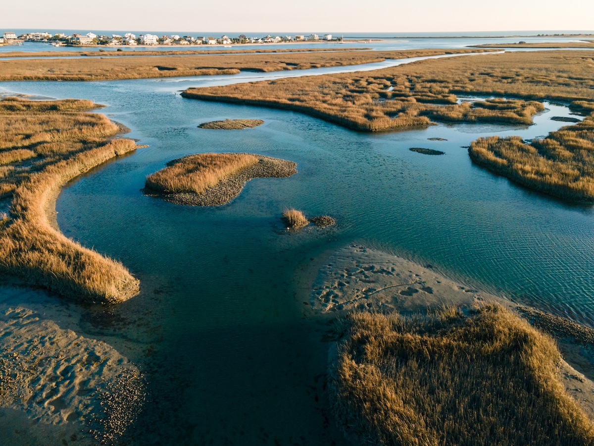 An aerial view of the flowing water in grasslands in bright sunlight in Murrells Inlet, Georgetown county, South Carolina, United States